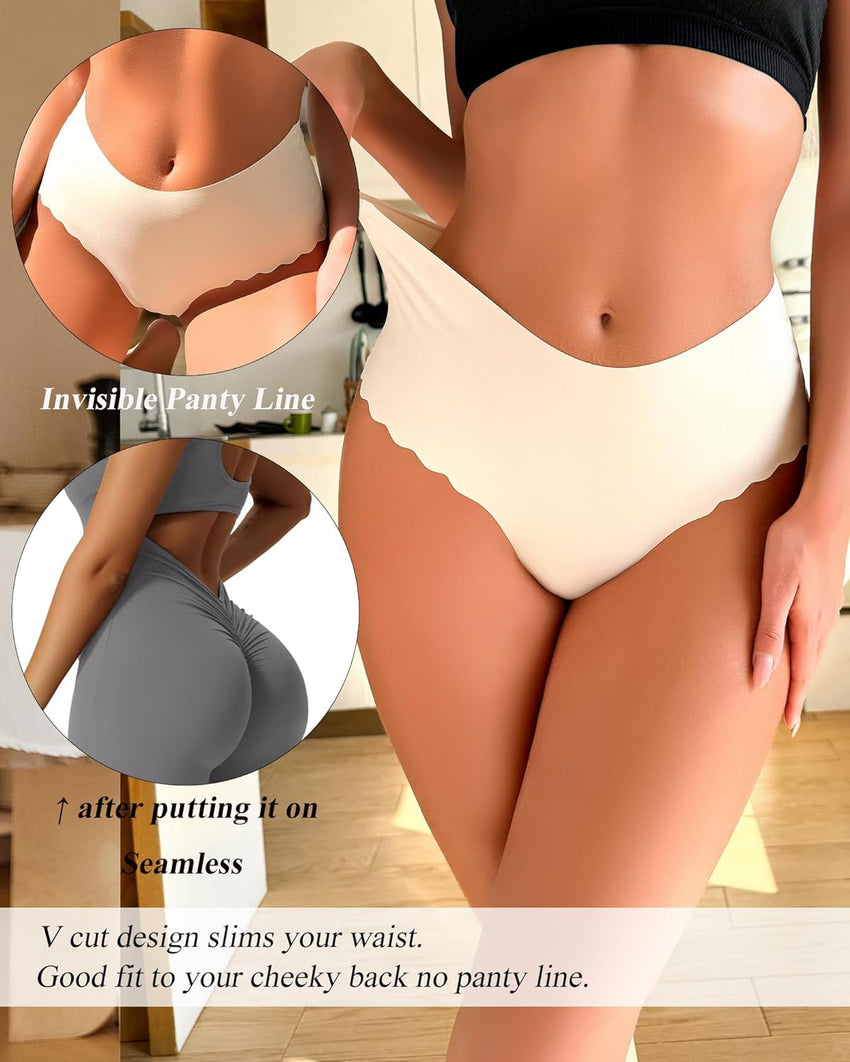 Sth Big High Waisted Seamless Underwear for Women No Show Panties Cheeky Scalloped Edge Bikini Breathable Briefs 6 Pack