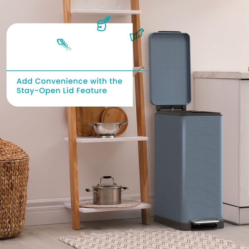 Home Zone Living 12 Gallon Slim Kitchen Trash Can with Soft Close Lid, Step Pedal, Bag Tuck Band, and Removable Liner, Stainless Steel, Midnight Blue, 45 Liters