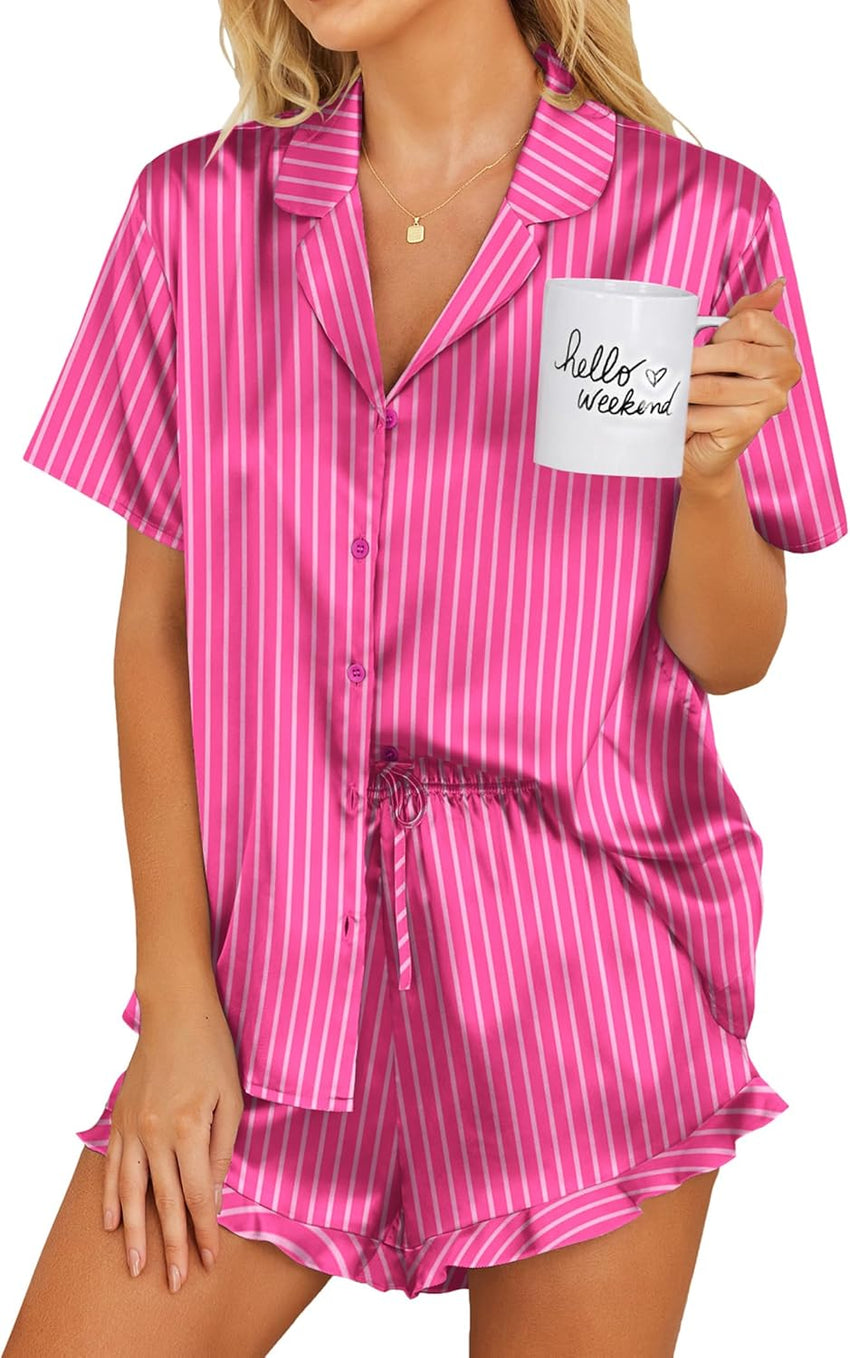 Ekouaer Womens Satin Pajamas Set Button Down 2 Piece Silk Pjs Shorts Set Ruffle Lingerie Notch Collar Sleepwear