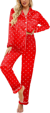Ekouaer Womens Satin Pajama Set Classic Pattern Silky Pj Sets Button Down Sleepwear Loungewear