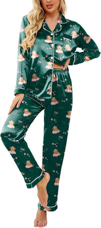 Ekouaer Womens Satin Pajama Set Classic Pattern Silky Pj Sets Button Down Sleepwear Loungewear