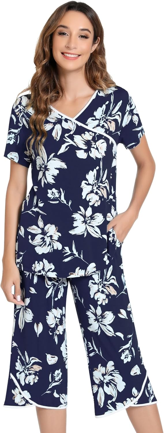 NACHILA Women’s Pajamas-Viscose Made from Bamboo, Short Sleeve Pjs Top with Capri Pajama Sets for Women Cool V Neck Sleepwear