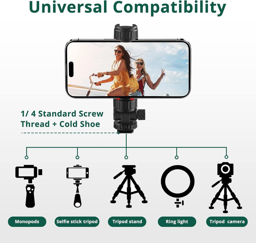 ATUMTEK Phone Tripod Mount, Universal Smartphone Mount Adapter with 2 Cold Shoe and 1/4" Standard Screw, 360° Rotates and 180° Tilts Adjustable Cell Phone Clamp Holder for Perfect Mobile Photography