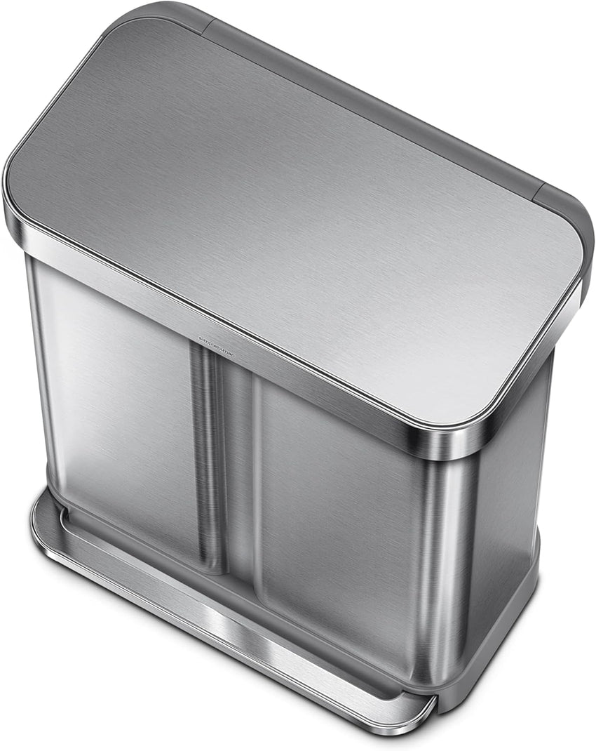 simplehuman 58 Liter / 15.3 Gallon Rectangular Hands-Free Dual Compartment Recycling Kitchen Step Trash Can with Soft-Close Lid, Brushed Stainless Steel