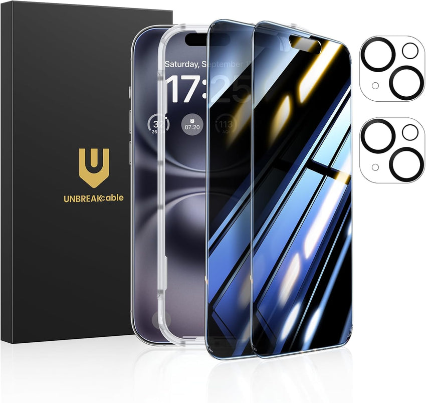 UNBREAKcable Privacy Screen Protector for iPhone 16 Pro Max (6.9-Inch), 2-Pack + 2 Lens Protectors|25° Anti-Spy|9H Hardness|Anti-Fingerprint|HD Clarity Tempered Glass
