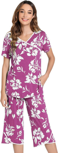 NACHILA Women’s Pajamas-Viscose Made from Bamboo, Short Sleeve Pjs Top with Capri Pajama Sets for Women Cool V Neck Sleepwear