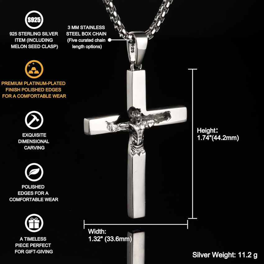 925 Sterling Silver Crucifix Necklace Men - 3D Jesus Relief Cross Savior Pendant with Stainless Steel Box Chain Catholic Crucifix Necklaces Large Christian Jewelry for Women Mens 18-26 inch