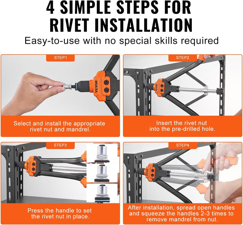 VEVOR Rivet Nut Tool, 16 inch Rivnut Tool Kit with 13PCS Metric and SAE Mandrels, 186PCS Rivet Nuts, Semi-auto Retraction, M3, M4, M5, M6, M8, M10, M12, 1/4-20, 5/16-18, 3/8-16, 1/2-13, 8-32, 10-24