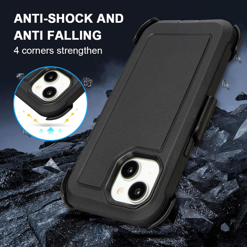 for Black iPhone 15 Case with Belt Clip, Shockproof Heavy Duty Rugged, 3 Layers of Sturdy,Anti-Drop, Military-Grade Defender Cover for iPhone 15 Case Black