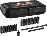VEVOR Impact Socket Set 3/8" Drive, 48-Piece Standard SAE (5/16 to 3/4 inch) & Metric (8 to 22 mm) Size, Deep & Shallow, 6 Point, CR-V, Extension Bar, Universal Joint, 1/2" F to 3/8" M Reducer
