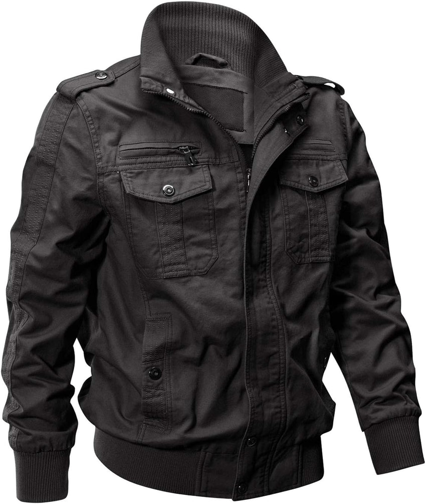 7DAY'S Men's Cotton Lightweight Multi Pockets Zip Front Stand Collar Military Jackets Windbreaker
