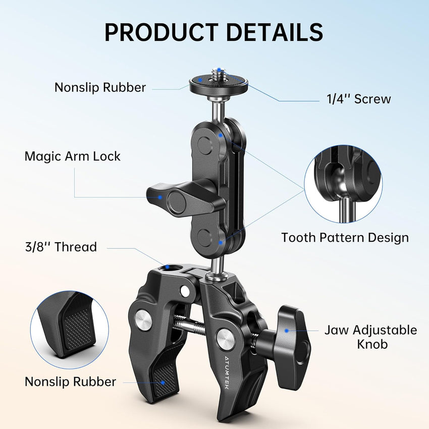 ATUMTEK Super Camera Clamp Mount with 1/4" and 3/8" Threads, Dual Ballhead Magic Arm 360° Ball Head Grip, Phone/Action Camera Mount Adapter for Canon Nikon DSLR Camera, GoPro/Insta360/INSTAX/DJI