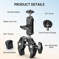 ATUMTEK Super Camera Clamp Mount with 1/4" and 3/8" Threads, Dual Ballhead Magic Arm 360° Ball Head Grip, Phone/Action Camera Mount Adapter for Canon Nikon DSLR Camera, GoPro/Insta360/INSTAX/DJI
