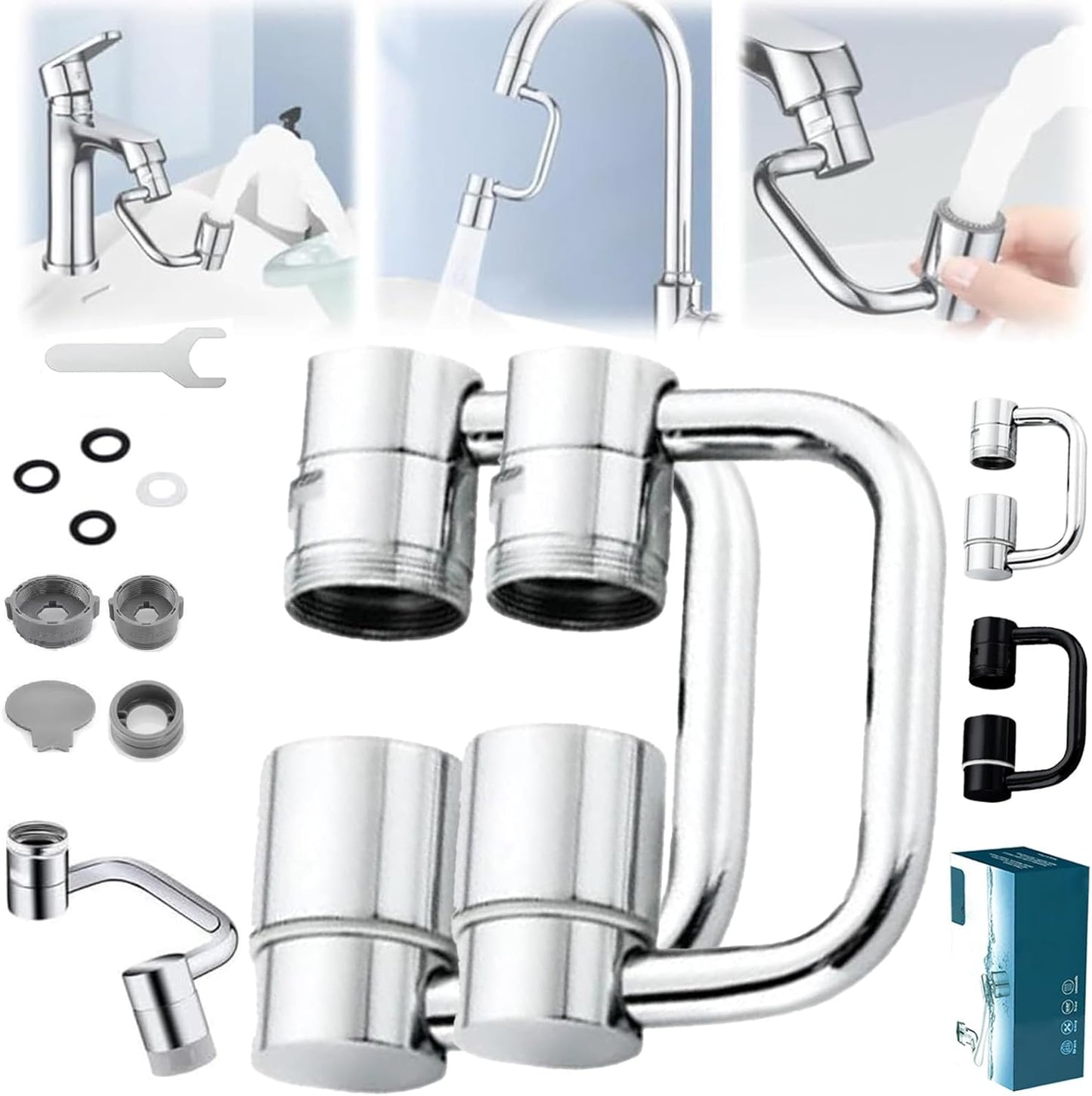 Universal Sink Faucet 1440° Rotatable Faucet Aerator Extension, U Shaped Faucet Extender, 360° Rotating Faucet Extender for Bathroom Sink/Kitchen, Sink Faucet Extender, 2 Modes Adjustable(Silver)