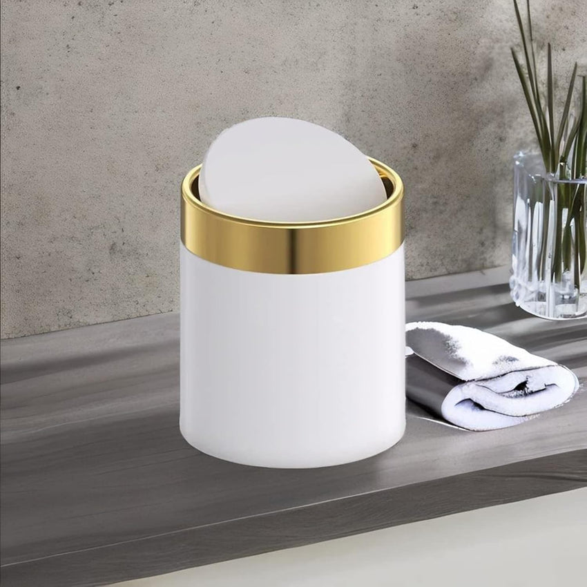 Mini Trash Can with Lid, Metal Small Tiny Mini Trash Bin Can, Mini Countertop Trash Cans for Desk Car Office Kitchen, Swing Top Trash Bin 1.5 L/0.40 Gal (White)