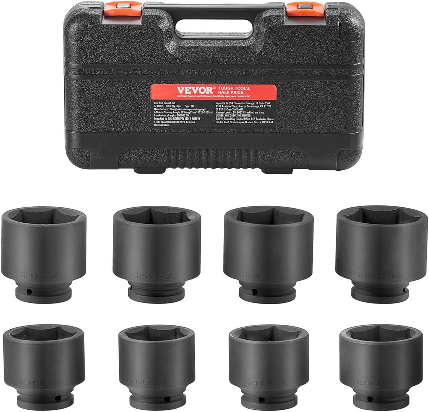 VEVOR 1/2" Drive Impact Socket Set, 65 Piece SAE 3/8" to 1-1/4" and Metric 10-24mm, 6 Point Cr-V Alloy Steel for Auto Repair, Easy-to-Read Size Markings, Rugged Construction, Storage Case