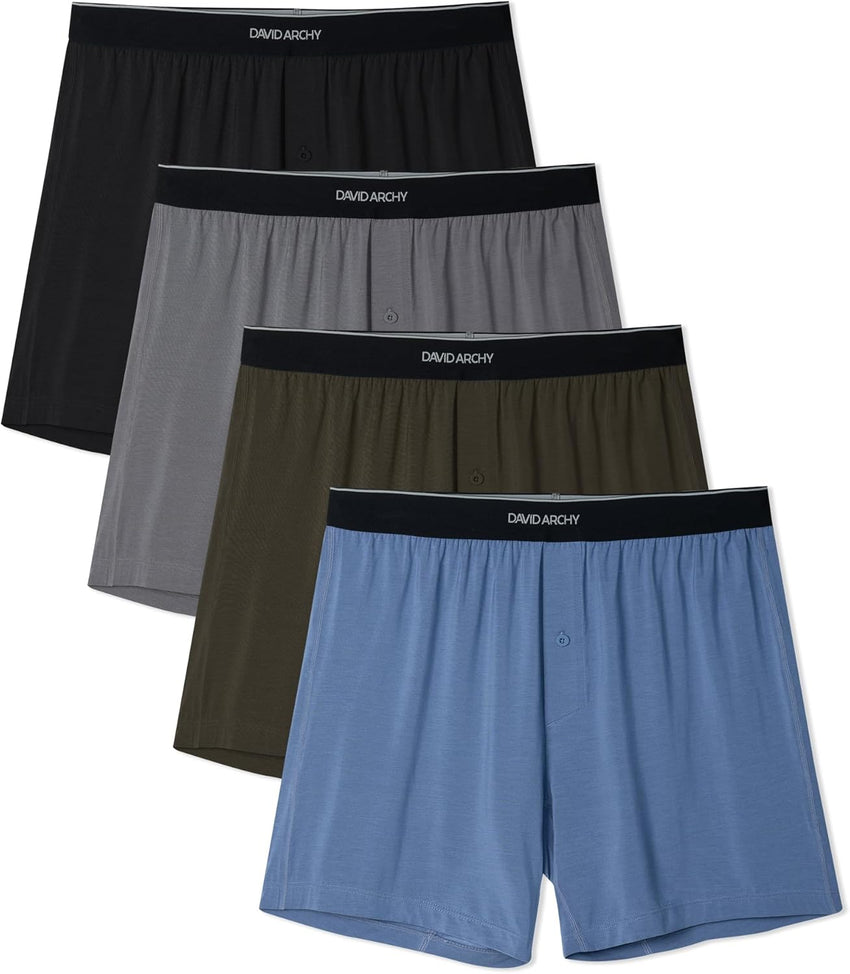 DAVID ARCHY Ultra Soft Modal Boxers for Men, Silky Stretchy Boxer Shorts, Breathable Loose Men's Underwear for Sleep 4 Pack
