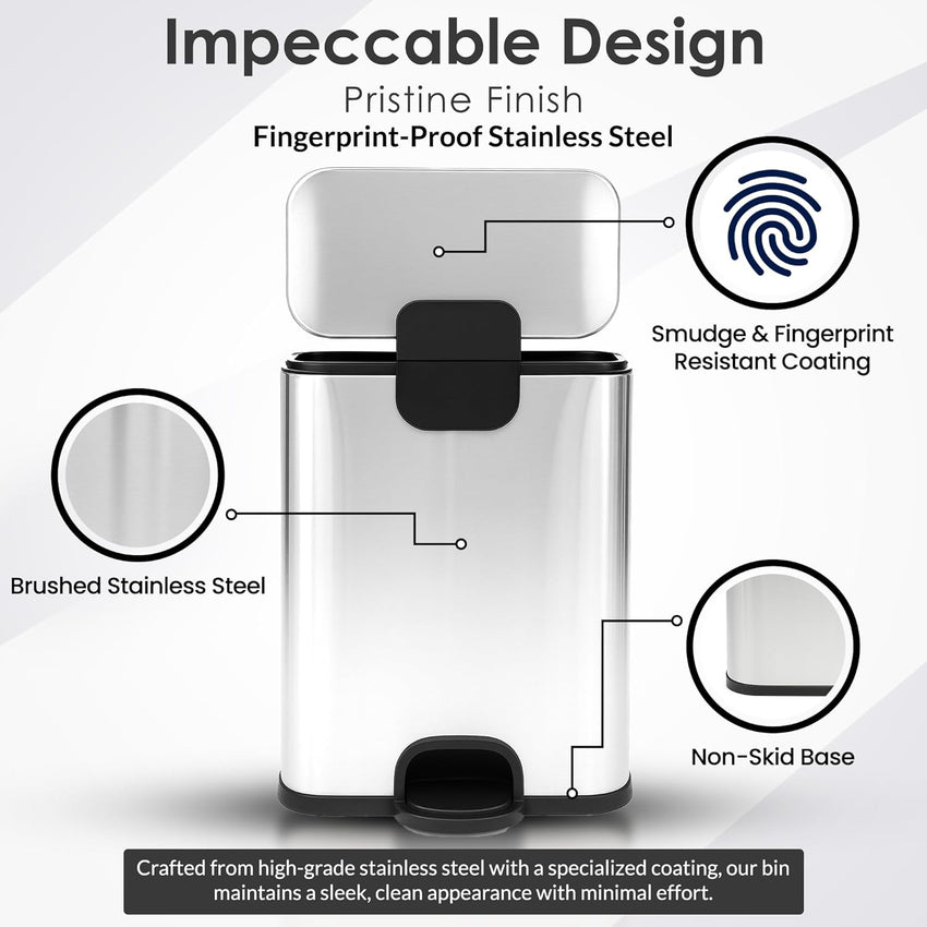 13 Gallon/50 L Trash Can with Lid - Rectangular Smudge-Resistant Kitchen Trash Can With Soft-Close Foot Pedal - Stainless Steel Garbage Can for Kitchen, Bathroom, or Office - Indoor and Outdoor Use