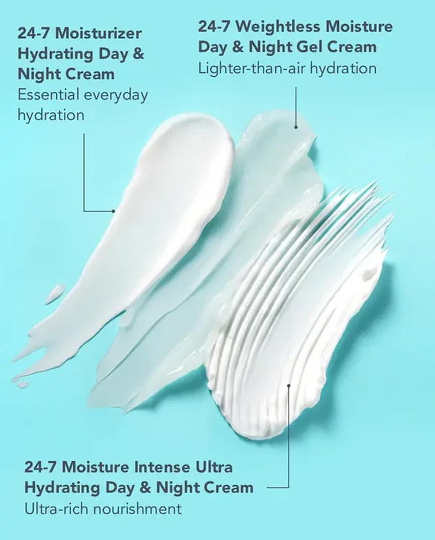 TULA Skin Care 24-7 Moisture Minis - Hydrating Day & Night Cream Moisturizer Travel Trio, Includes 0.5 oz Original, Moisture Intense & Weightless 24-7 Moisture Day & Night Cream, 3 Piece Set