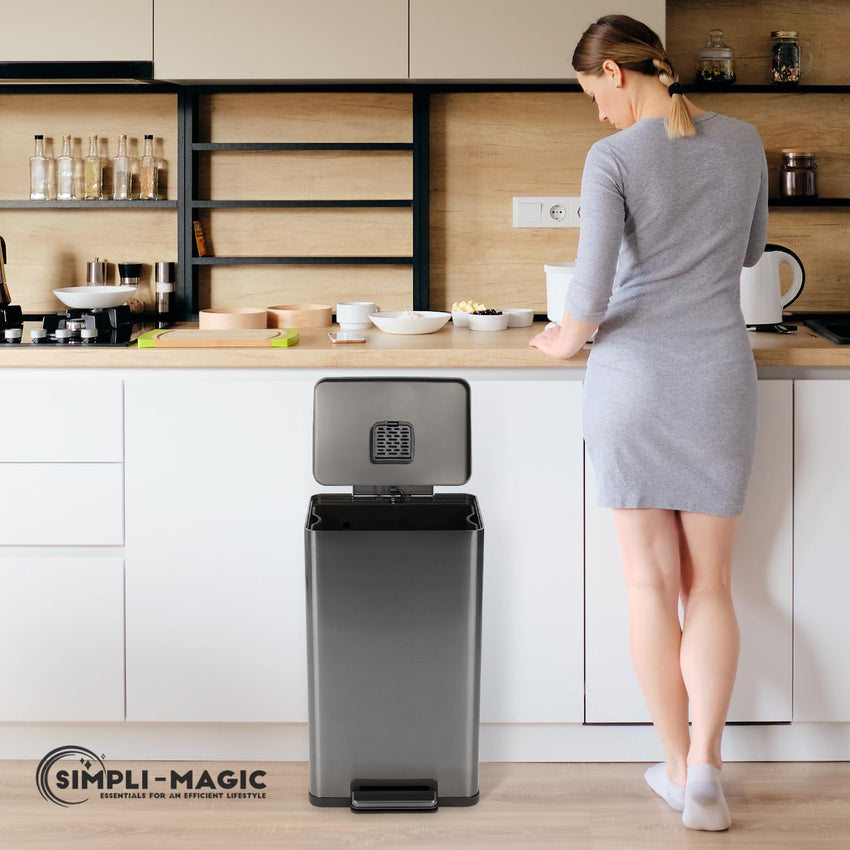 SIMPLI-MAGIC 13.2 Gallon (50L) Step Trash Can – Kitchen Garbage Can with Slow-Close Lid – Odor Control, Hands-Free, Easy to Clean, Brushed Stainless Steel