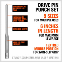 9-Piece Roll Pin Punch Set - Fast Pin Removal - Durable Steel & Construction - For Automotive, Firearm Maintenance, Watch, Jewelry & Craft Repair - Knurled Grip - Versatile Sizes