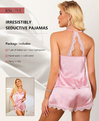 RSLOVE Women Pajama Set Sleepwear - Satin Pajamas Silk V Neck Cami and Shorts Pjs 2 Piece Womens Sexy Lace Lounge Nightwear