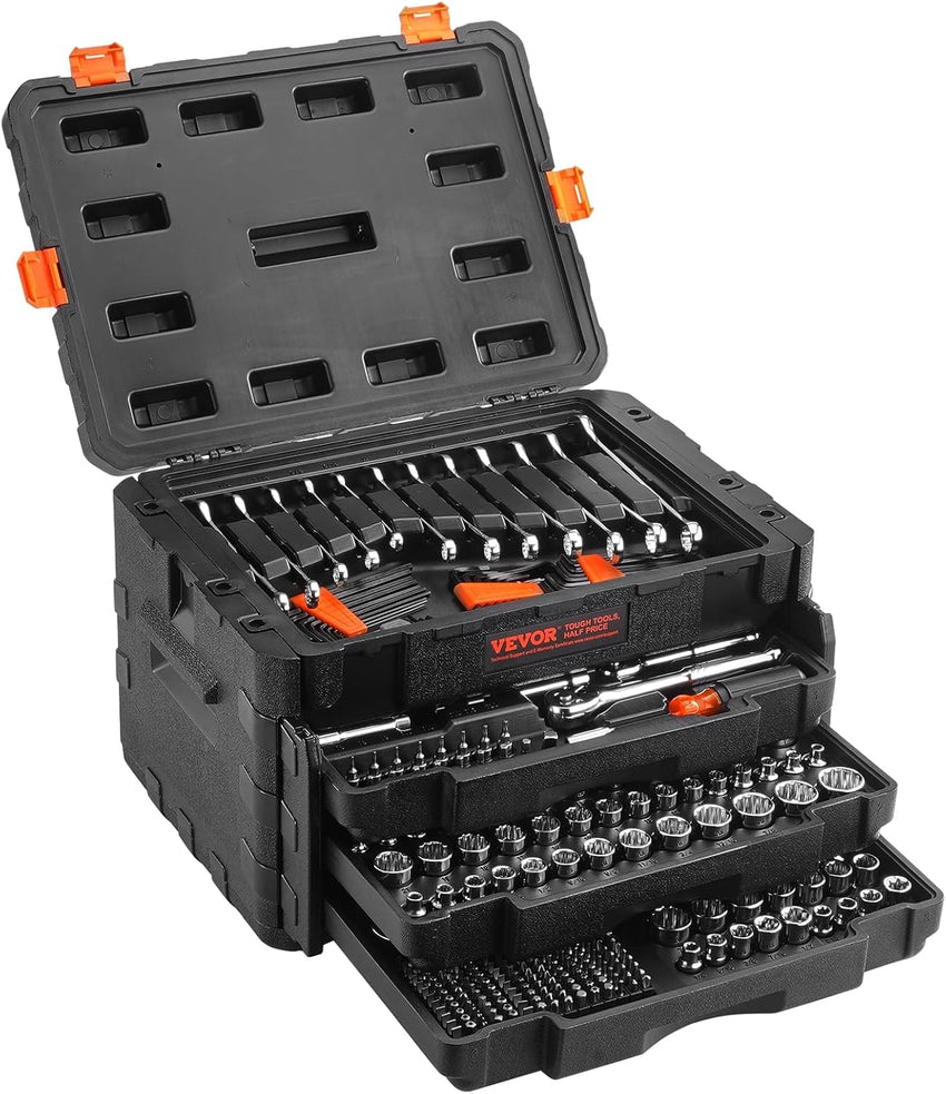 VEVOR Mechanics Tool Set and Socket Set, 1/4" 3/8" 1/2" Drive Deep and Standard Sockets, 450 Pcs SAE and Metric Mechanic Tool Kit with Bits, Combination Wrench, Hex Wrenches, Accessories, Storage Case