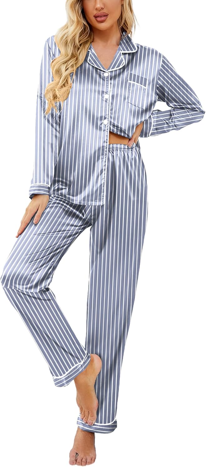 Ekouaer Womens Satin Pajama Set Classic Pattern Silky Pj Sets Button Down Sleepwear Loungewear