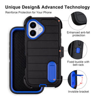 Black for iPhone 16 Case with Belt Clip Holster, Heavy Duty Rugged Military Grade Shockproof Case for iPhone 16 Case Protective Cover with Kickstand 6.1 Inch