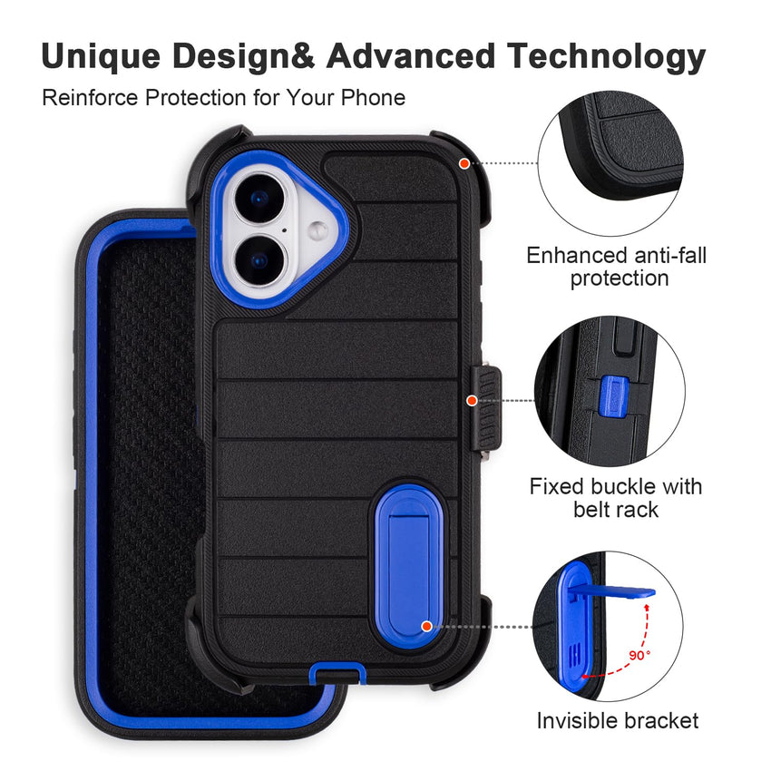 Black for iPhone 16 Case with Belt Clip Holster, Heavy Duty Rugged Military Grade Shockproof Case for iPhone 16 Case Protective Cover with Kickstand 6.1 Inch