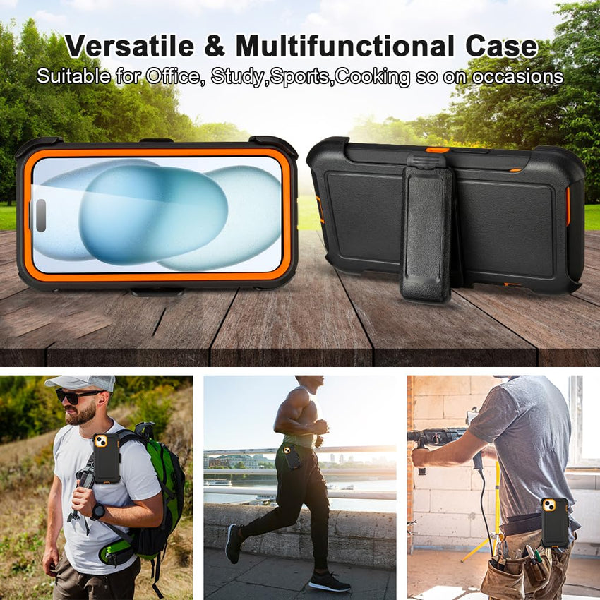 for Black iPhone 15 Case with Belt Clip, Shockproof Heavy Duty Rugged, 3 Layers of Sturdy,Anti-Drop, Military-Grade Defender Cover for iPhone 15 Case Black