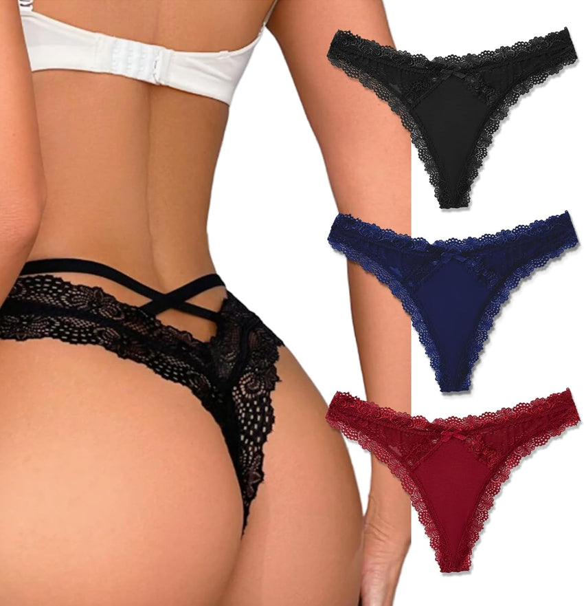Avidlove Womens Underwear Sexy Lace Panties Low Rise Thong Bikini with Criss Cross Back Breathable Tangas 1-3 Packs
