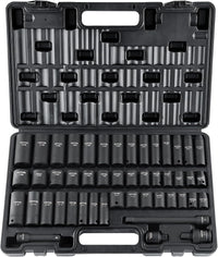 VEVOR Impact Socket Set 3/8" Drive, 48-Piece Standard SAE (5/16 to 3/4 inch) & Metric (8 to 22 mm) Size, Deep & Shallow, 6 Point, CR-V, Extension Bar, Universal Joint, 1/2" F to 3/8" M Reducer