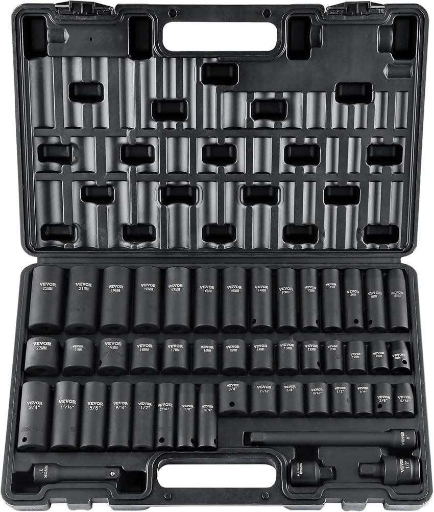 VEVOR Impact Socket Set 3/8" Drive, 48-Piece Standard SAE (5/16 to 3/4 inch) & Metric (8 to 22 mm) Size, Deep & Shallow, 6 Point, CR-V, Extension Bar, Universal Joint, 1/2" F to 3/8" M Reducer