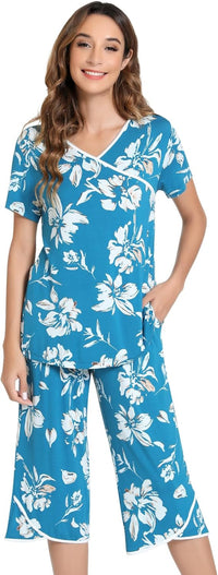 NACHILA Women’s Pajamas-Viscose Made from Bamboo, Short Sleeve Pjs Top with Capri Pajama Sets for Women Cool V Neck Sleepwear