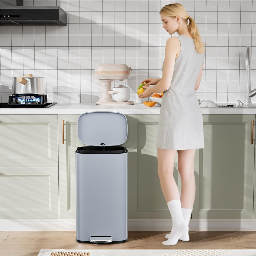 Arlopu 8/13.2 Gallon Step Trash Can, Stainless Steel Garbage Bin, Soft-Close Rubbish Bin with Removable Plastic Inner Bucket, Fingerprint-Proof, Lid Dustbin, Suit for Kitchen Home (Haze Blue, 50L)