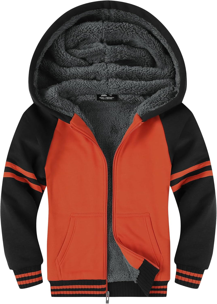 SWISSWELL Hooded Jacket for Boys Full Zip Ultra Soft Sherpa Fleece Hoodie Sweatshirt for Kids School Hooded Outerwear
