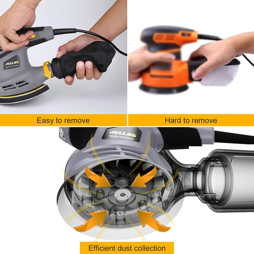 Jellas 5-Inch Random Orbital Sander with 18Pcs Sandpapers, 13000RPM 6 Variable Speed Sander Machine, High Performance Dust Collection System for Woodworking, 2.5A, Dust Collection Bag Include - OS280