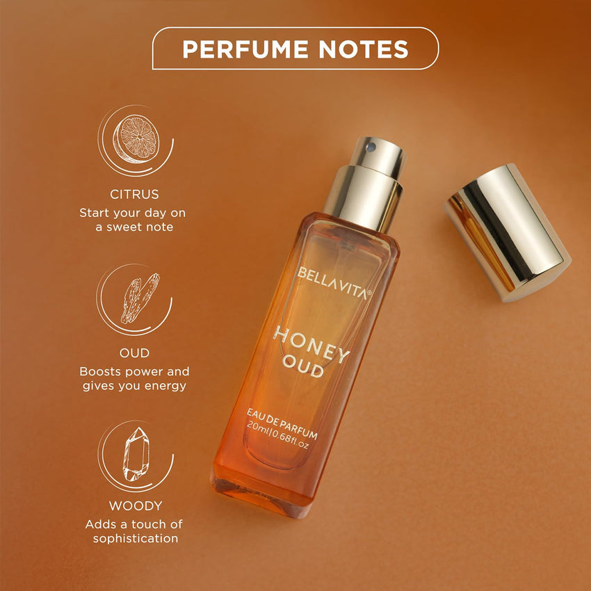 BellaVita Luxury Honey OUD Eau de Parfum Travel Size Edition 20 ml | Long-Lasting Mini Perfumes for Women | Notes: Patchouli, Vanilla, Bergamot & Spicy Notes | Pocket Perfume for Women | Vegan Perfume