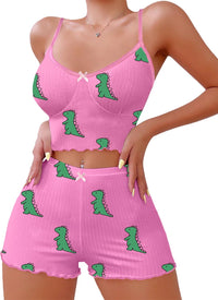 Hilinker Womens Graphic Print Ribbed PJ Set Crop Cami Tops and Shorts Cute Pajamas Set