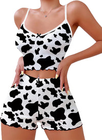 Hilinker Womens Graphic Print Ribbed PJ Set Crop Cami Tops and Shorts Cute Pajamas Set