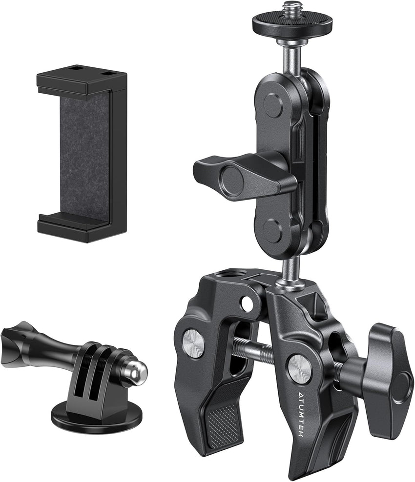 ATUMTEK Super Camera Clamp Mount with 1/4" and 3/8" Threads, Dual Ballhead Magic Arm 360° Ball Head Grip, Phone/Action Camera Mount Adapter for Canon Nikon DSLR Camera, GoPro/Insta360/INSTAX/DJI