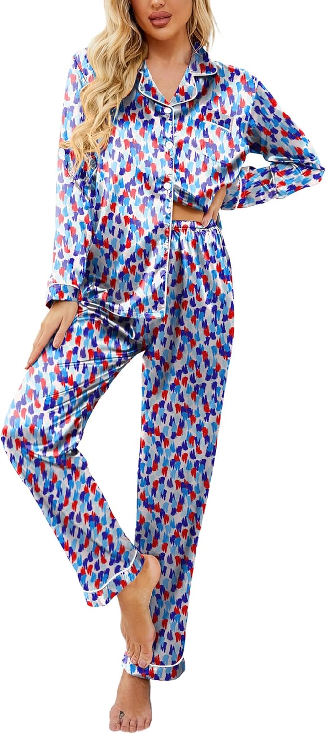 Ekouaer Womens Satin Pajama Set Classic Pattern Silky Pj Sets Button Down Sleepwear Loungewear
