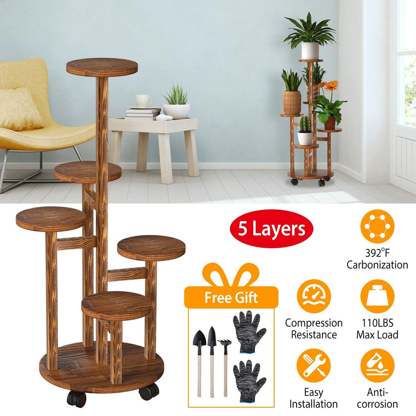 7DAY'S 5 Tier Plant Stand with 4 Detachable Wheels Wooden Plant Pot Rolling Shelf Plant Display Rack for Indoor Outdoor Decoration - 7DAY'S