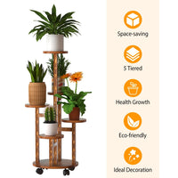 7DAY'S 5 Tier Plant Stand with 4 Detachable Wheels Wooden Plant Pot Rolling Shelf Plant Display Rack for Indoor Outdoor Decoration - 7DAY'S