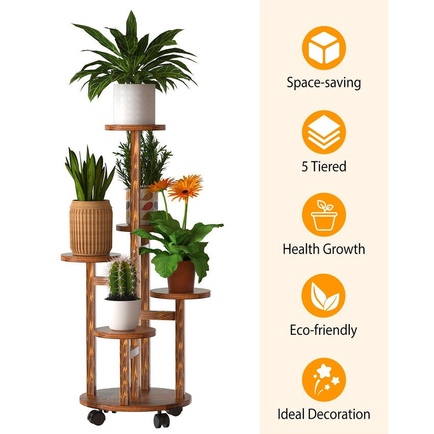 7DAY'S 5 Tier Plant Stand with 4 Detachable Wheels Wooden Plant Pot Rolling Shelf Plant Display Rack for Indoor Outdoor Decoration - 7DAY'S