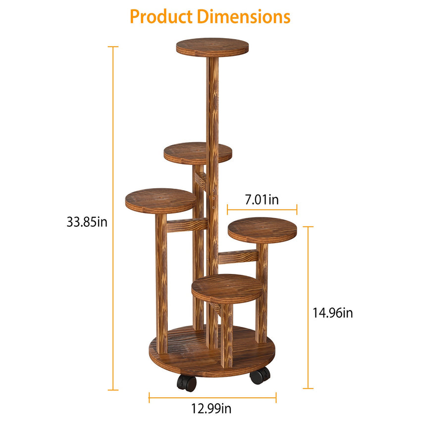 7DAY'S 5 Tier Plant Stand with 4 Detachable Wheels Wooden Plant Pot Rolling Shelf Plant Display Rack for Indoor Outdoor Decoration - 7DAY'S