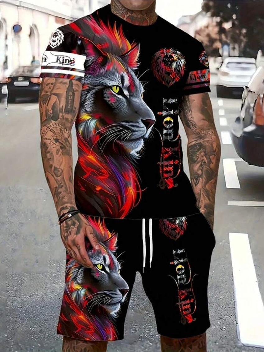 7DAY'S Men's Letter Lion Graphic Round Neck Short Sleeve Casual T-Shirt And Drawstring Waist Shorts Set - 7DAY'S