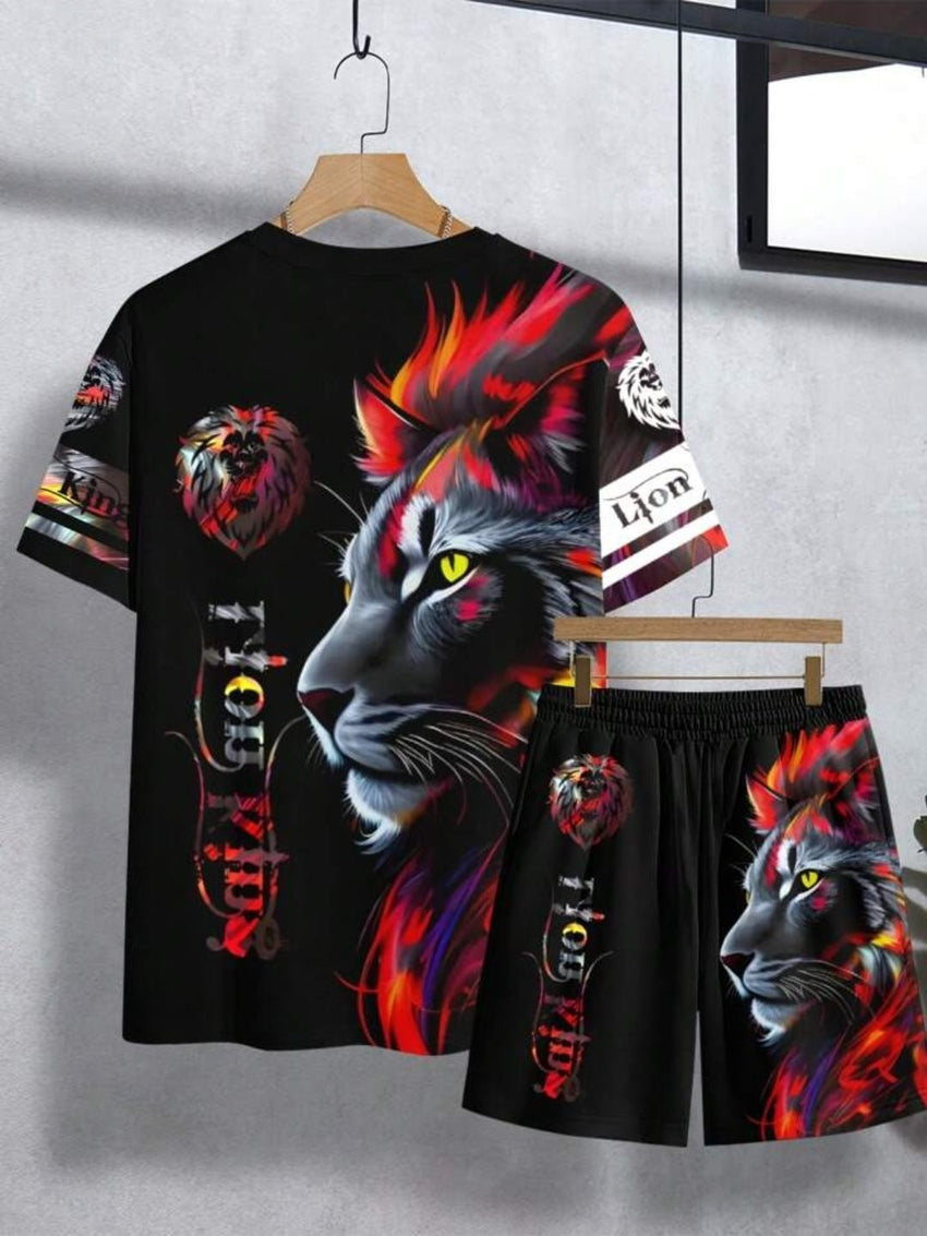 7DAY'S Men's Letter Lion Graphic Round Neck Short Sleeve Casual T-Shirt And Drawstring Waist Shorts Set - 7DAY'S