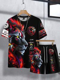7DAY'S Men's Letter Lion Graphic Round Neck Short Sleeve Casual T-Shirt And Drawstring Waist Shorts Set - 7DAY'S
